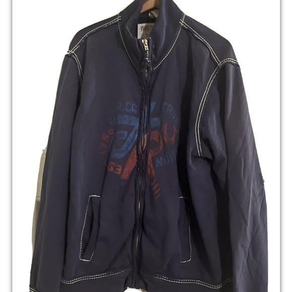 True Religion World Tour Fleece Jacket Men Sz XXXL (3X) Full Zip Navy/Gray Logo - Picture 2 of 5